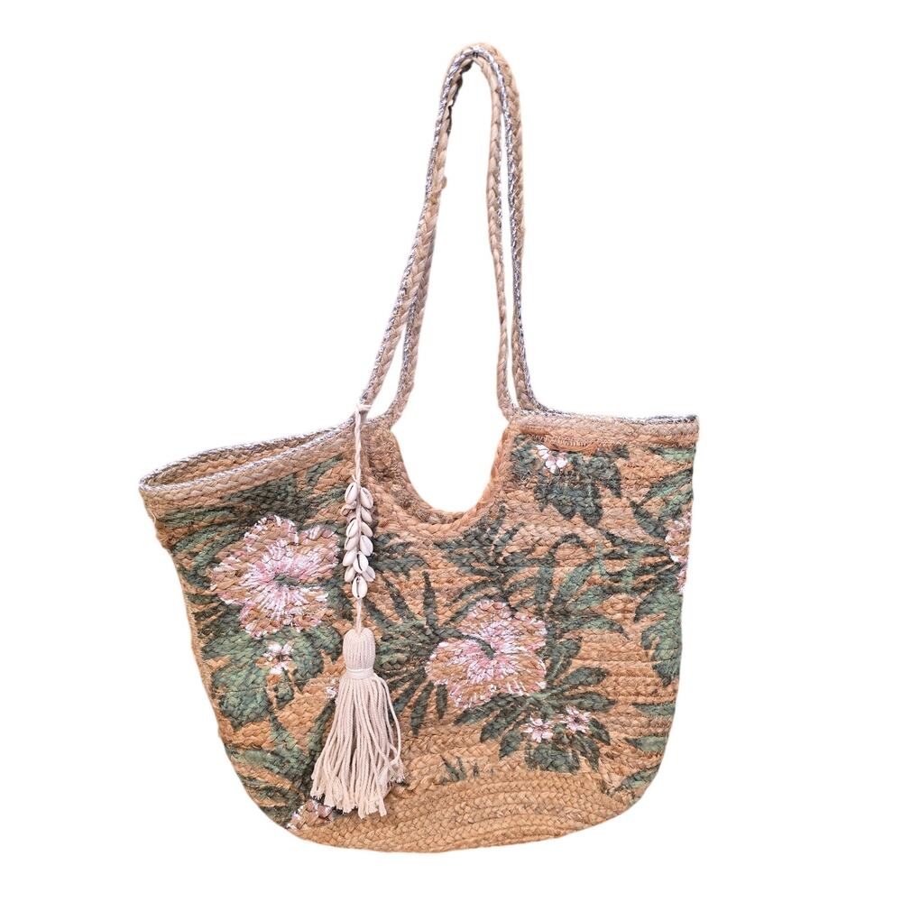 Time & True Jute Floral Tote Bag Shell Tassel XL Vacation Resort Coastal Beach